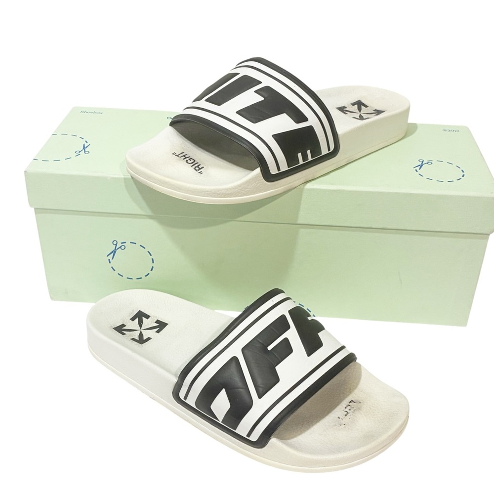 OFFWHITE Logo Pool Slider in White & Black‎ Rubber Size 7B Dustbag and Box